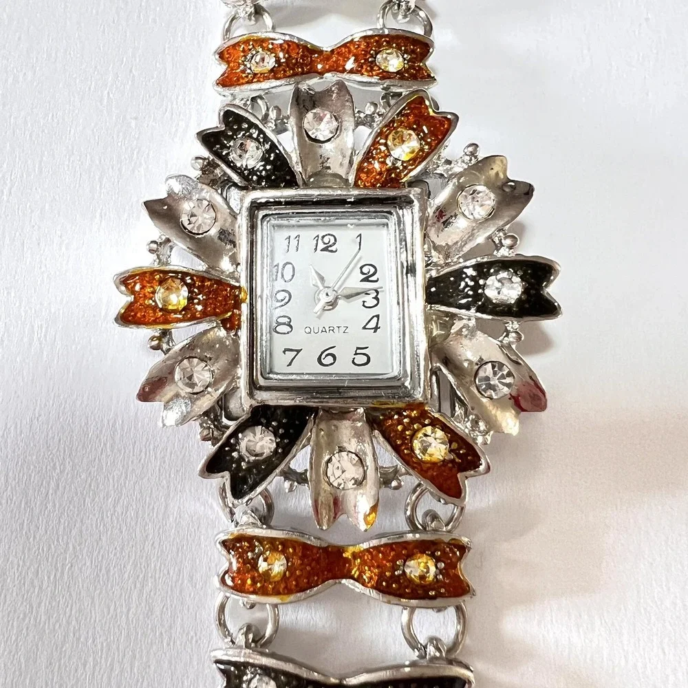 Women's Watch Floral‎ Brown/Black Silver Tone Bracelet Wristwatch 6.5 in